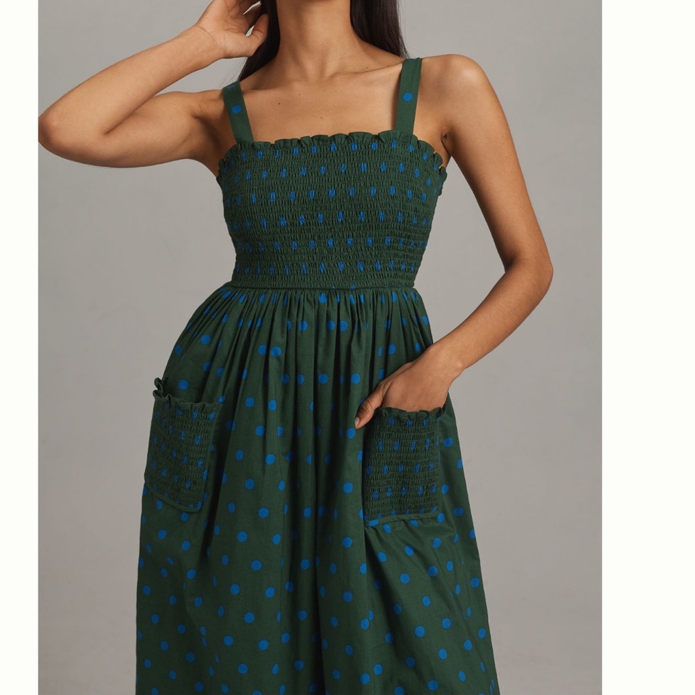 NWT smocked A Line midi dress from Anthro. Adjustable straps